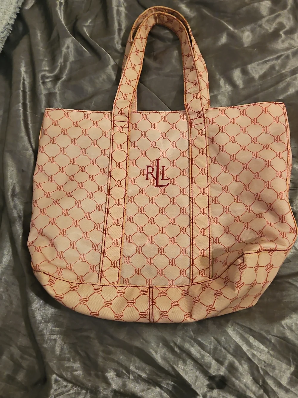 Ralph Lauren Red and White RL Monogram Tote Cosmetic /Travel Bag